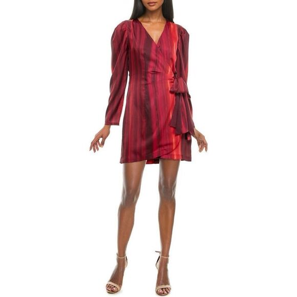 Socialite Stripe Long Sleeve Satin Wrap Dress NEW NWT - Picture 1 of 12